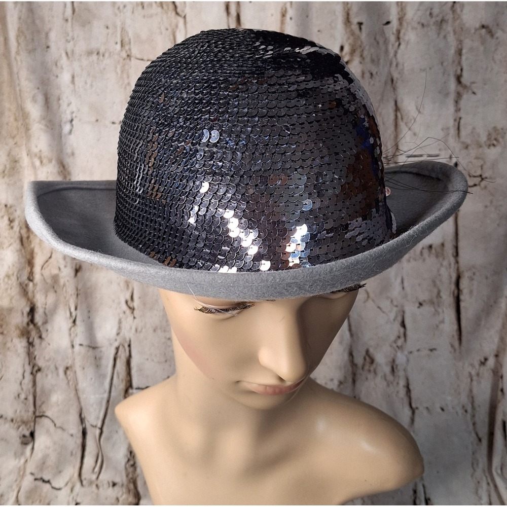 Vintage‎ Lancaster Styled by Coralie Wool Felt Sequin Bowler Hat Grey Black USA